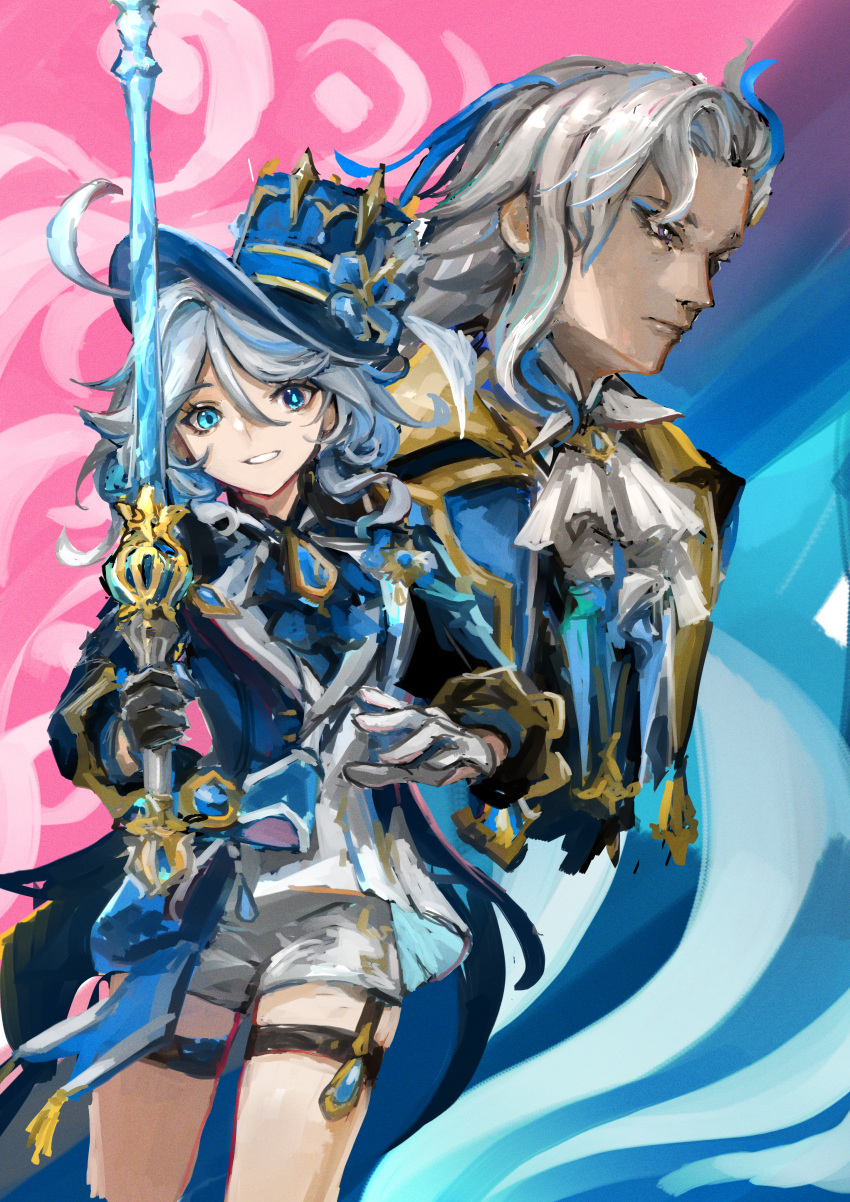 1boy, 1girl, absurdres, ahoge, ascot, asymmetrical_gloves, black_gloves, blue_ascot, blue_brooch, blue_eyes, blue_hair, blue_headwear, blue_jacket, commentary_request, furina_(genshin_impact), genshin_impact, gloves, grey_hair, grin, hair_between_eyes, hat, heterochromia, highres, holding, holding_sword, holding_weapon, jacket, long_sleeves, mismatched_gloves, mismatched_pupils, multicolored_hair, neuvillette_(genshin_impact), no_humans, okitsuma, short_shorts, shorts, smile, streaked_hair, sword, thigh_strap, top_hat, wavy_hair, weapon, white_gloves, white_shorts