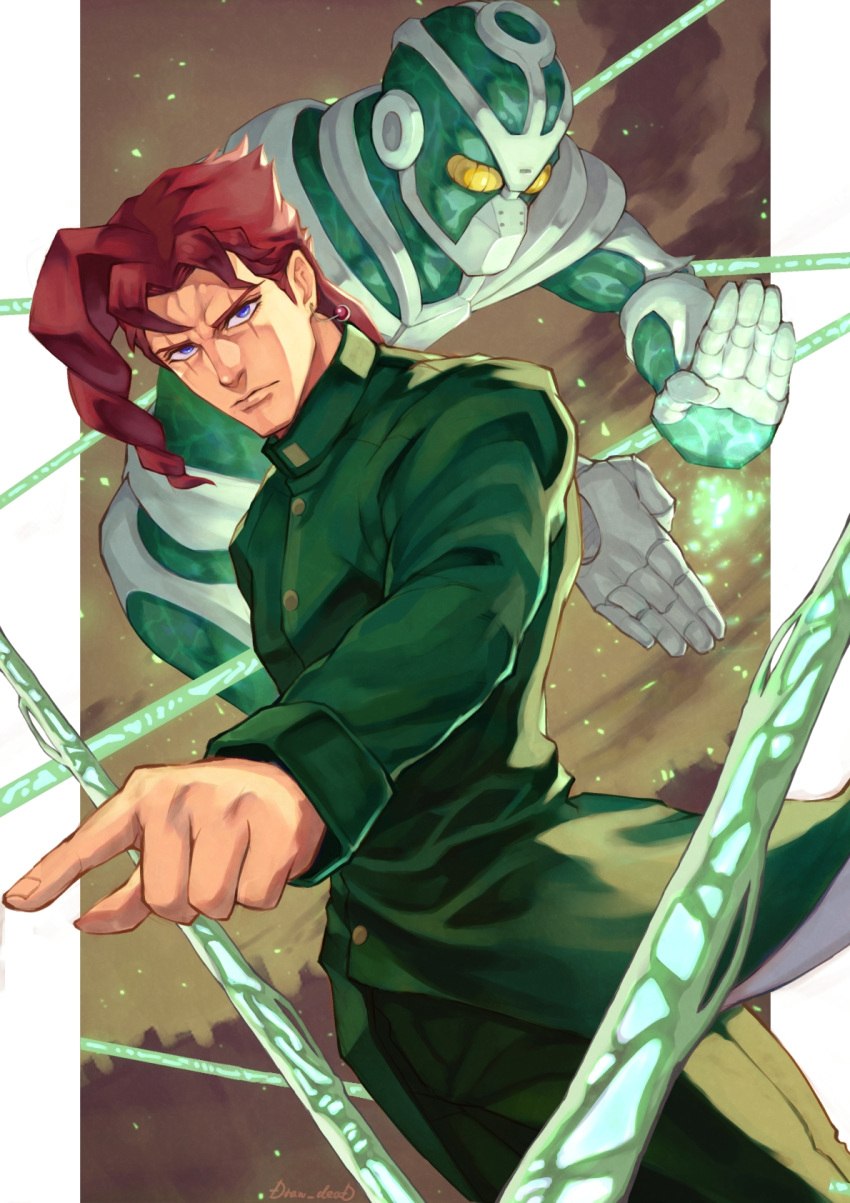 1boy, blue_eyes, closed_mouth, coat, commentary_request, earrings, green_coat, green_pants