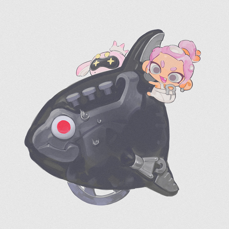 1girl, agent_8_(splatoon), drone, fang, fish, fish_skeleton, grey_background, grey_eyes