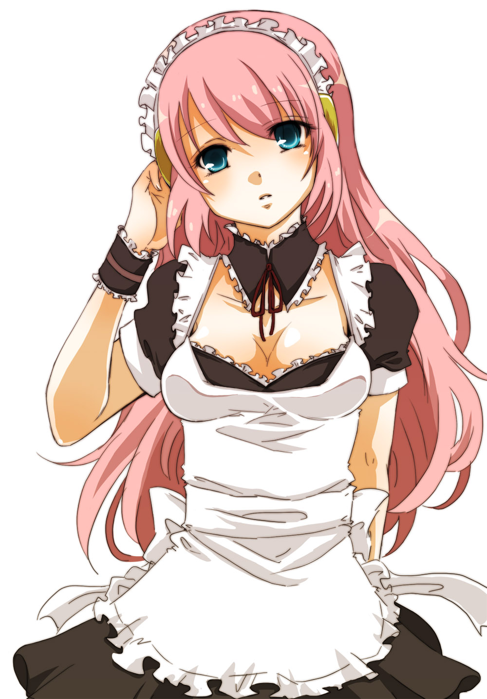 apron, aqua_eyes, breasts, cleavage, hairband, headphones, highres, long_hair