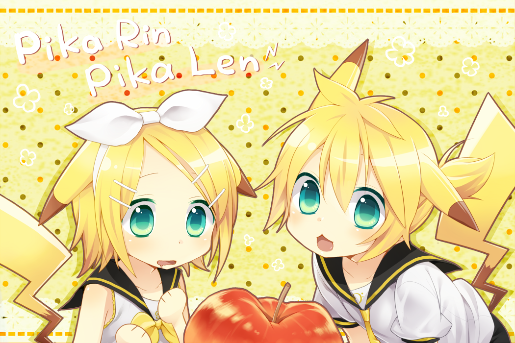 apple, aqua_eyes, blonde_hair, brother_and_sister, food, fruit, hair_ornament, hair_ribbon, hairclip, kagamine_len, kagamine_rin, kemonomimi_mode, kuu_(0427), necktie, pikachu, pokemon, ribbon, saliva, short_hair, siblings, tail, twins, vocaloid