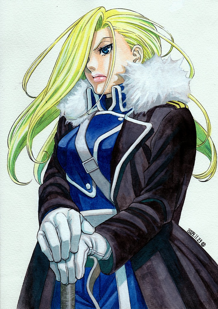 amestris_military_uniform, blonde_hair, blue_eyes, breasts, coat, dated, floating_hair, fullmetal_alchemist