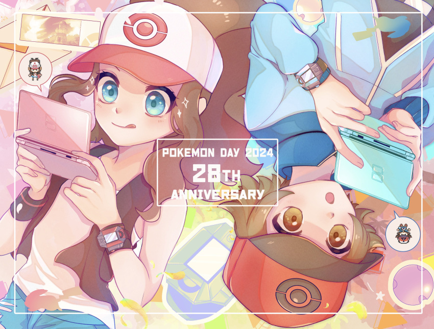 1boy, 1girl, 2024, :o, :q, absurdres, baseball_cap, blue_eyes