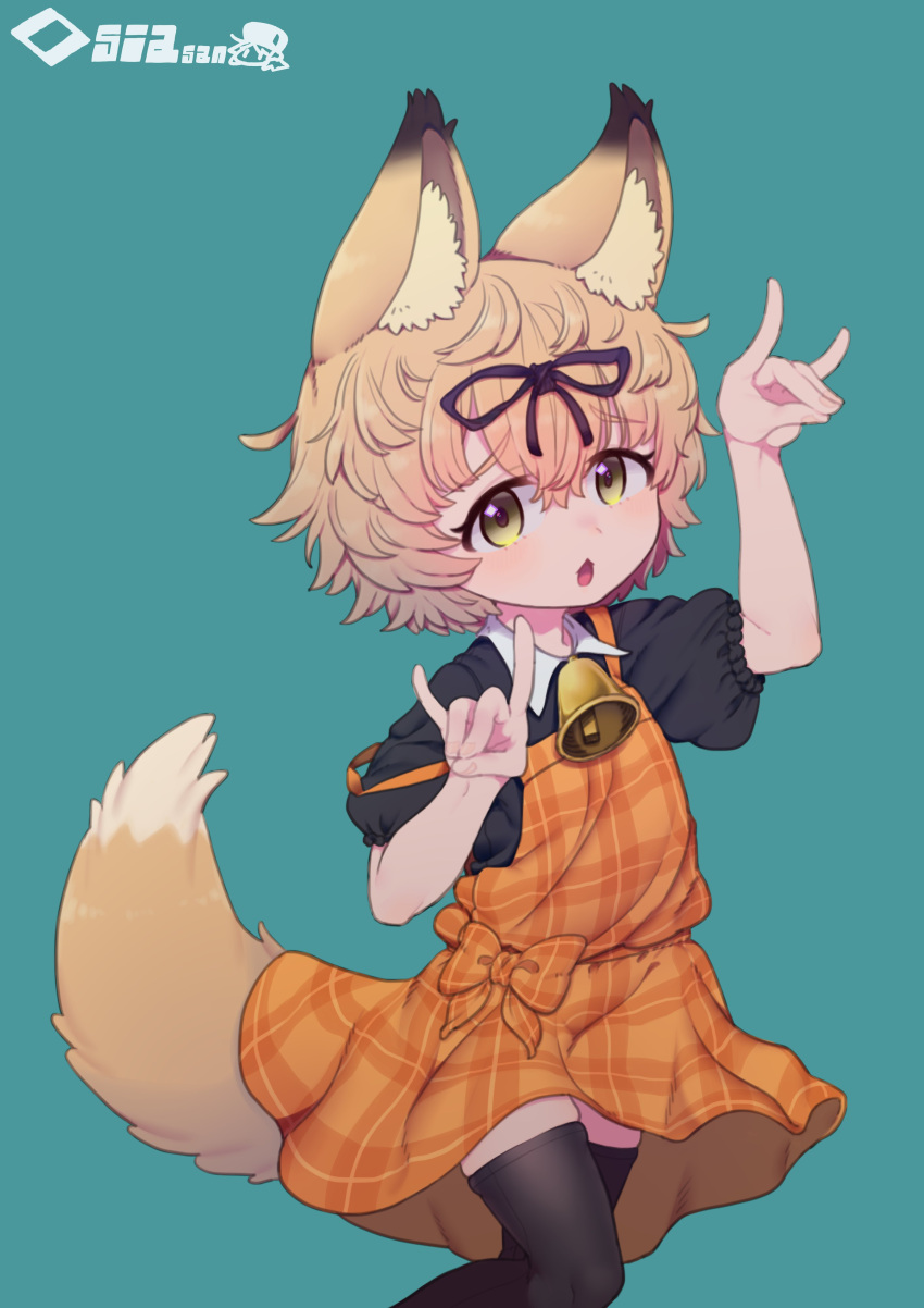 1girl, absurdres, animal_ear_fluff, animal_ears, arms_up, bell, black_bow, blonde_hair
