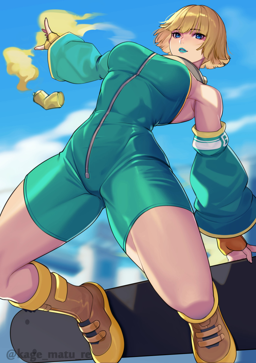 1girl, absurdres, bel_(bomb_rush_cyberfunk), blonde_hair, blue_eyes, blue_lips, blue_sky, bomb_rush_cyberfunk