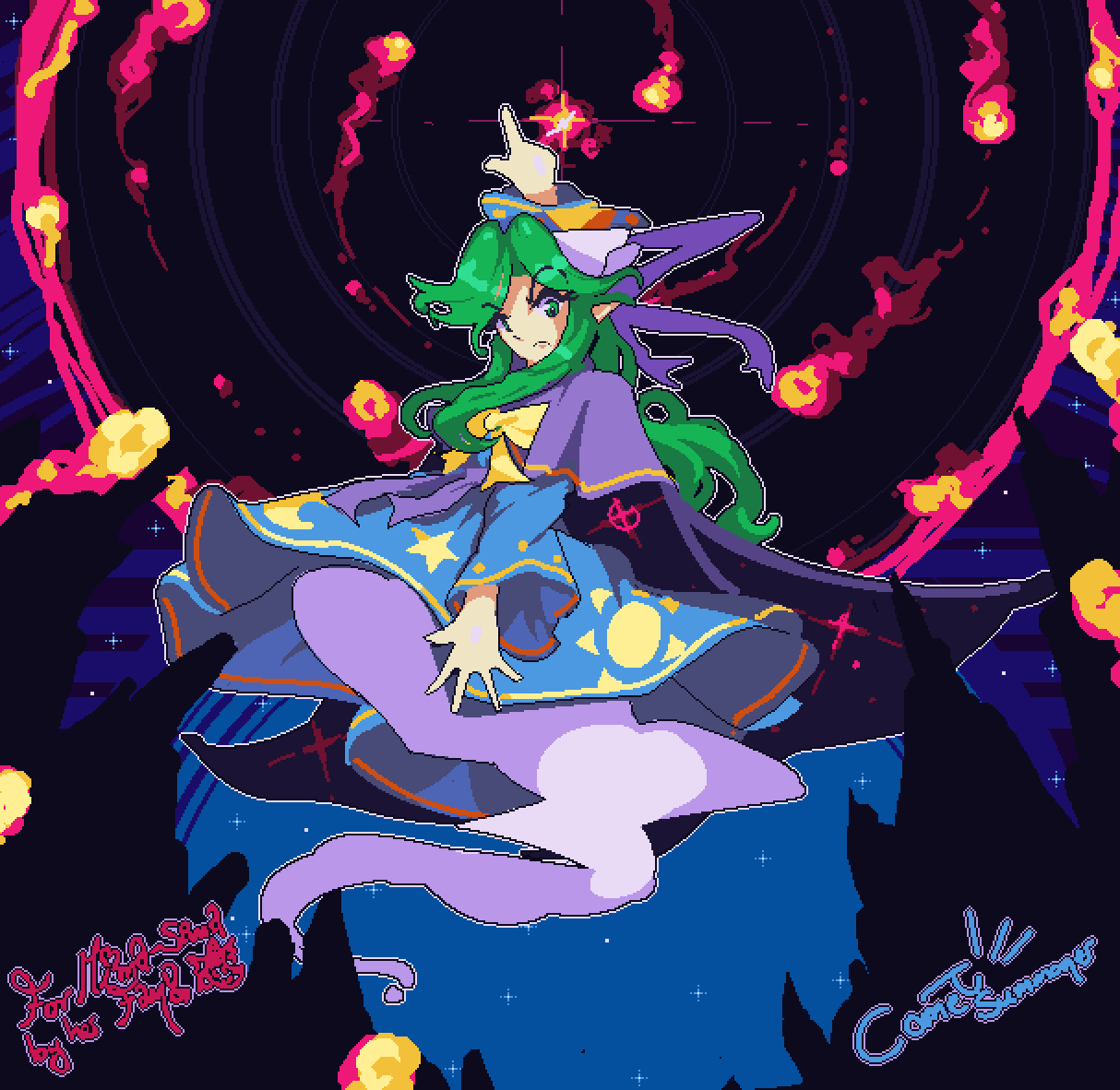 1girl, angry, bow, cape, comet_summoner98, crescent, dress, fireball, ghost_tail, green_eyes, green_hair, hat, long_hair, mima_(touhou), night, night_sky, pixel_art, pointing, pointing_up, pointy_ears, profile, signature, sky, solo, star_(symbol), sun_print, sun_symbol, touhou, touhou_(pc-98), wide_sleeves, wizard_hat, yellow_bow