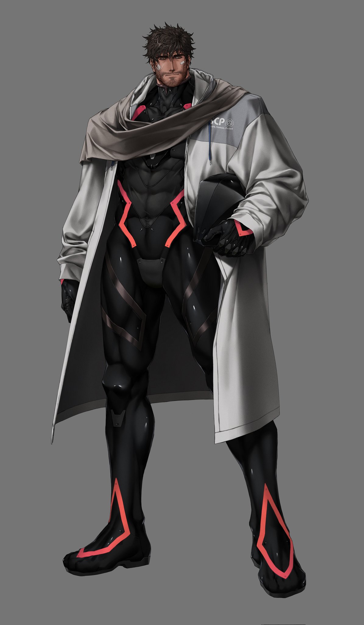 1boy, abs, bandaid, bandaid_on_face, beard, black_hair, coat, dobek_k, facial_hair, grey_background, helmet, highres, latex, latex_suit, male_focus, manly, mature_male, muscular, muscular_male, open_clothes, open_coat, scarf, scp-500, scp_foundation, short_hair, simple_background, solo, spiky_hair, suit, thick_eyebrows, thick_thighs, thighs