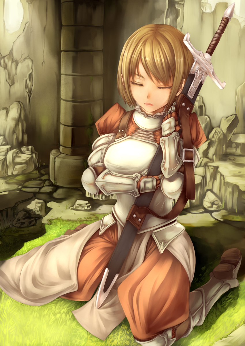 armor, brown_hair, closed_eyes, fantasy, gauntlets, greaves, highres, knight, lips, mole, original, pillar, sitting, solo, strap, sword, visualcat, wariza, weapon