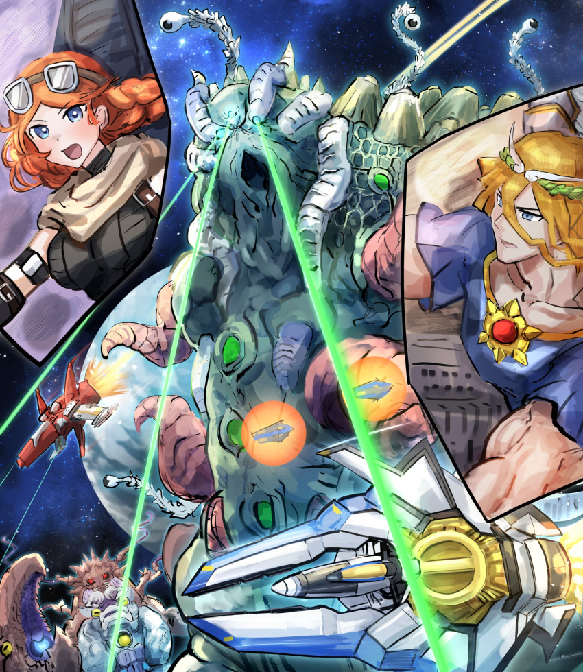 1boy, 1girl, blonde_hair, blue_eyes, braid, braided_ponytail, cosmic_fortress_gol'gar, cosmic_slicer_zer'oll, duel_monster, earth_(planet), eye_beam, goggles, goggles_on_head, hatano_kiyoshi, highres, honest_(yu-gi-oh!), kozmo_farmgirl, kozmo_sliprider, long_hair, monster, muscular, muscular_male, open_mouth, orange_hair, planet, scarf, space, spacecraft, star_(sky), victory_viper_xx03, yu-gi-oh!