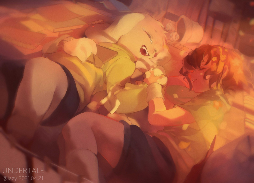 1boy, 1other, androgynous, animal_ears, artist_name, asriel_dreemurr, black_shorts, body_fur