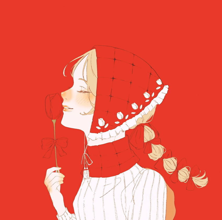 1girl, blonde_hair, blush, bonnet, bow, commentary, flower, hair_bow