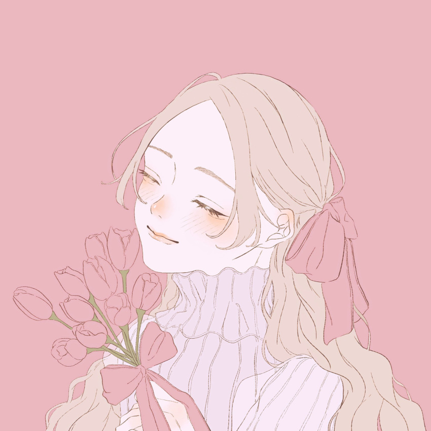 1girl, blonde_hair, blush, bow, closed_eyes, commentary, ear_blush, facing_away