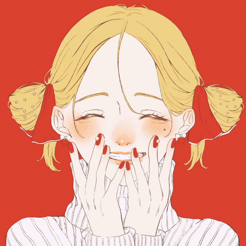 1girl, blonde_hair, blush, bow, closed_eyes, commentary, double_bun, earrings