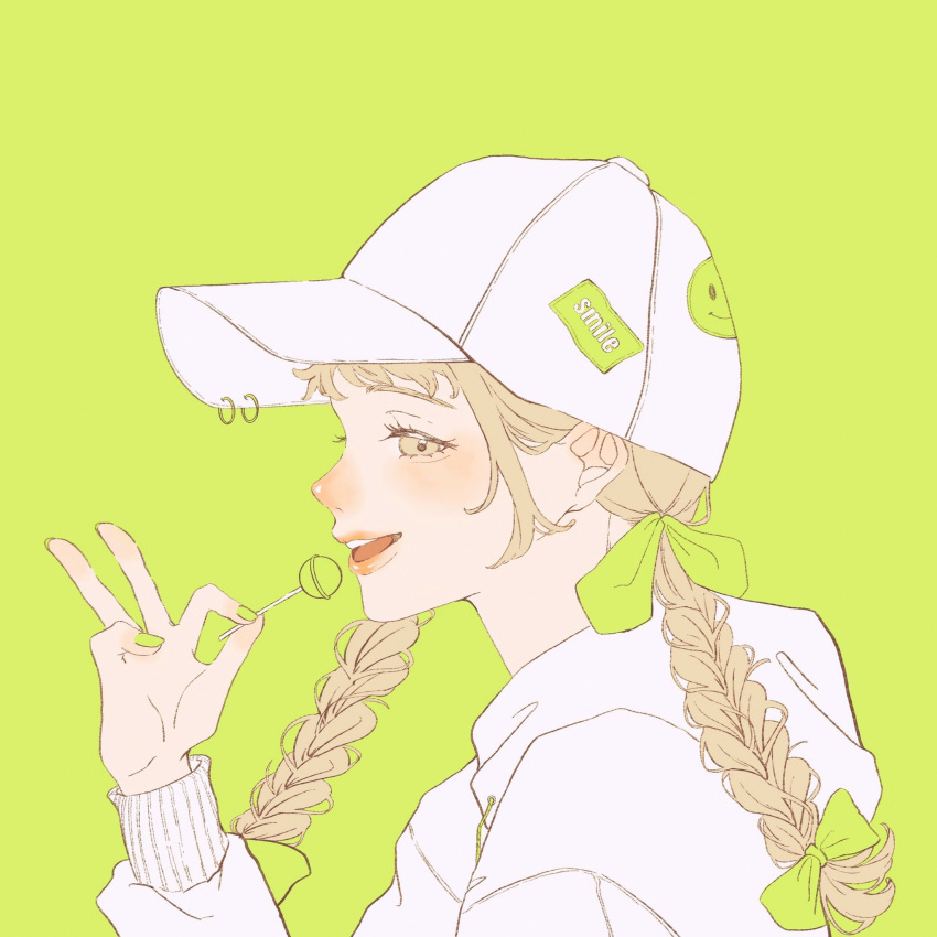 1girl, blonde_hair, blush, bow, braid, brown_eyes, candy, commentary