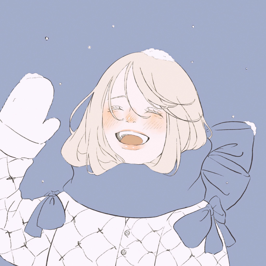 1girl, blonde_hair, blue_background, blue_scarf, blush, bow, closed_eyes, commentary
