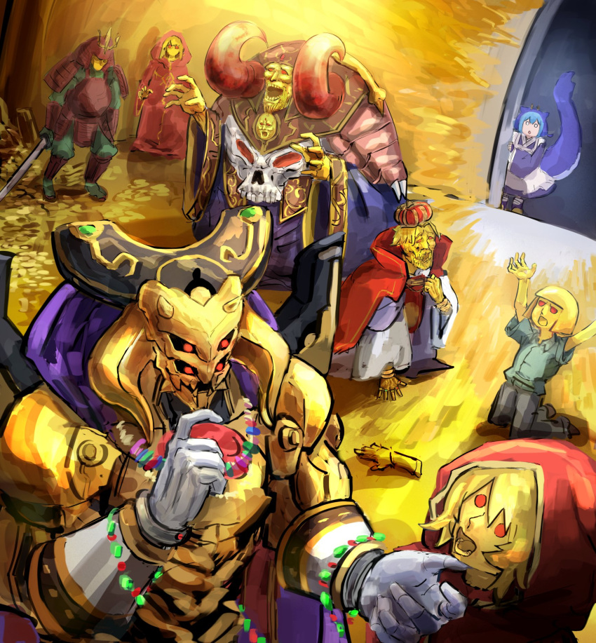 1girl, 6+boys, apron, blue_hair, cape, crown, dark_ruler_ha_des, demon