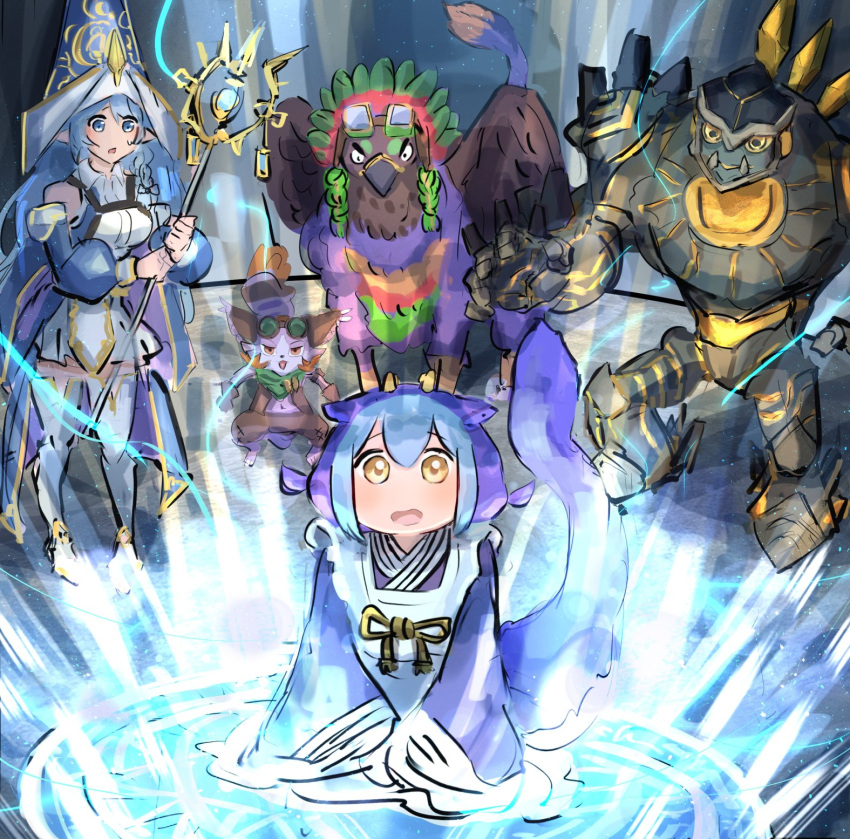 1boy, 2girls, apron, blue_hair, cat, dragon_girl, dragon_tail, duel_monster