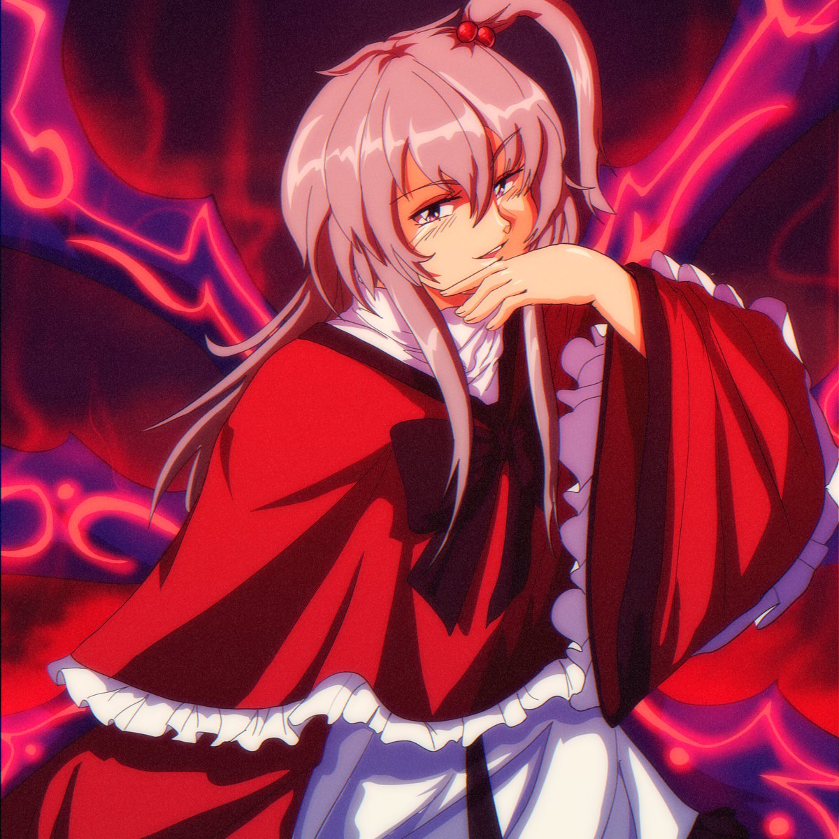 1990s_(style), 1girl, black_ribbon, capelet, dress, frilled_capelet, frilled_sleeves, frills, grey_eyes, grey_hair, hair_bobbles, hair_ornament, highres, long_hair, long_sleeves, multiple_wings, neck_ribbon, red_capelet, red_dress, retro_artstyle, ribbon, shinki_(touhou), shirt, side_ponytail, smirk, solo, step_arts, touhou, touhou_(pc-98), white_shirt, wide_sleeves, wings
