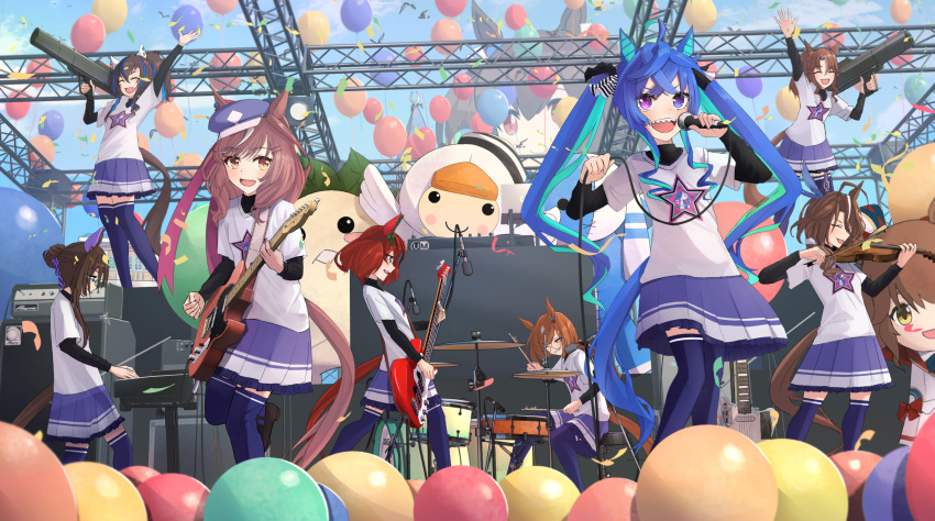 6+girls, :d, @_@, ahoge, amplifier, animal_ears, aqua_hair, arm_up