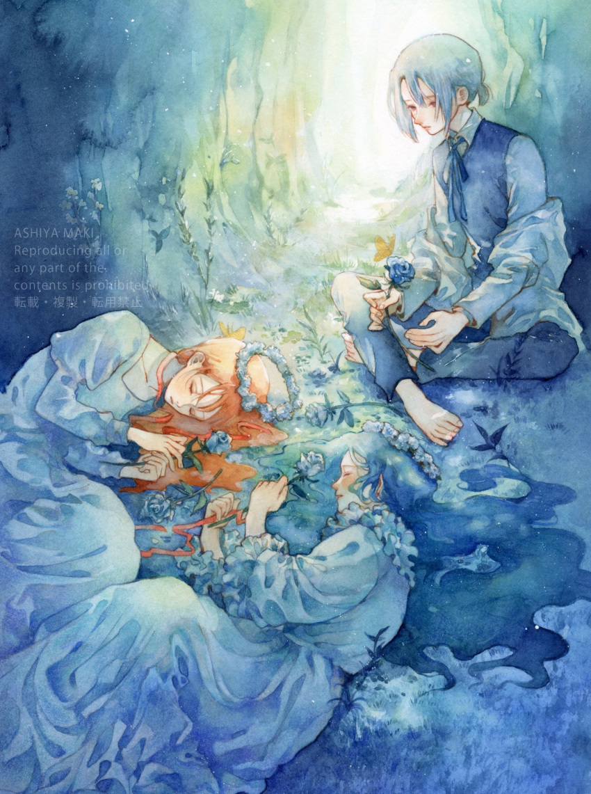 3girls, artist_name, barefoot, blue_dress, blue_flower, blue_hair, blue_pants, blue_rose