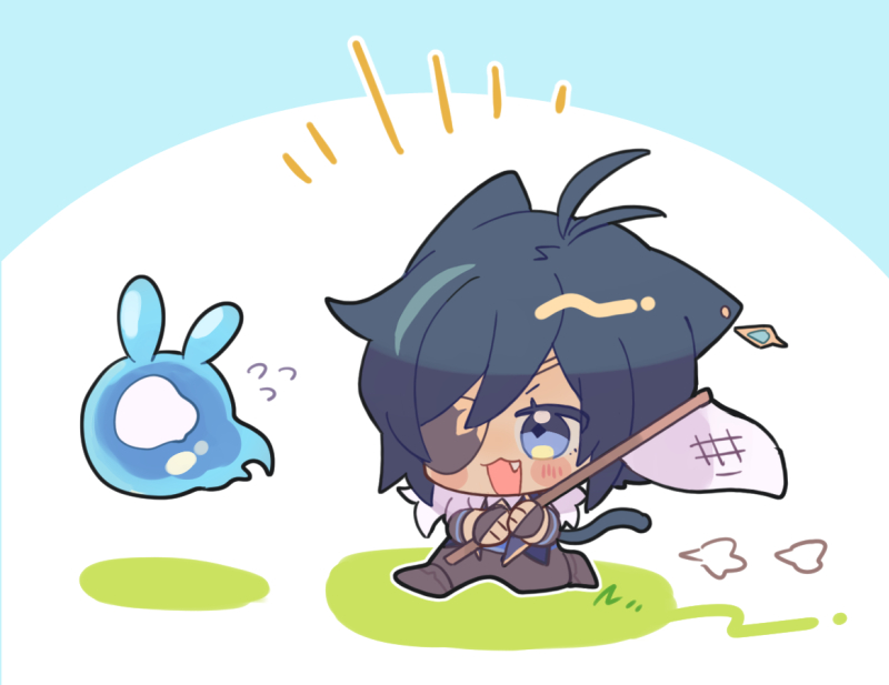 1boy, :3, :d, animal_ears, black_footwear, black_gloves, black_pants, blue_background