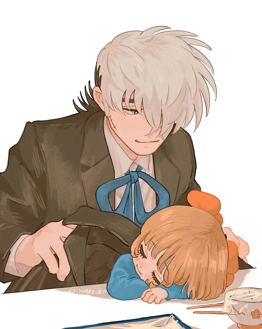 1boy, 1girl, absurdres, artist_name, black_coat, black_hair, black_jack_(character), black_jack_(series), blue_ribbon, blue_shirt, bob_cut, bow, bowl, brown_hair, child, chopsticks, closed_eyes, closed_mouth, coat, collared_shirt, covering_with_clothes, hair_bow, hair_over_one_eye, highres, holding, holding_clothes, holding_coat, kager_en, long_sideburns, long_sleeves, looking_at_another, multicolored_hair, multiple_hair_bows, neck_ribbon, patchwork_skin, pinoko, plastic_wrap, red_bow, ribbon, scar, scar_on_cheek, scar_on_face, shirt, short_hair, sideburns, simple_background, sleeping, sleeping_on_desk, smile, stitched_face, stitches, thick_eyebrows, twitter_username, two-tone_hair, unworn_coat, white_background, white_hair, white_shirt, wing_collar, yellow_eyes