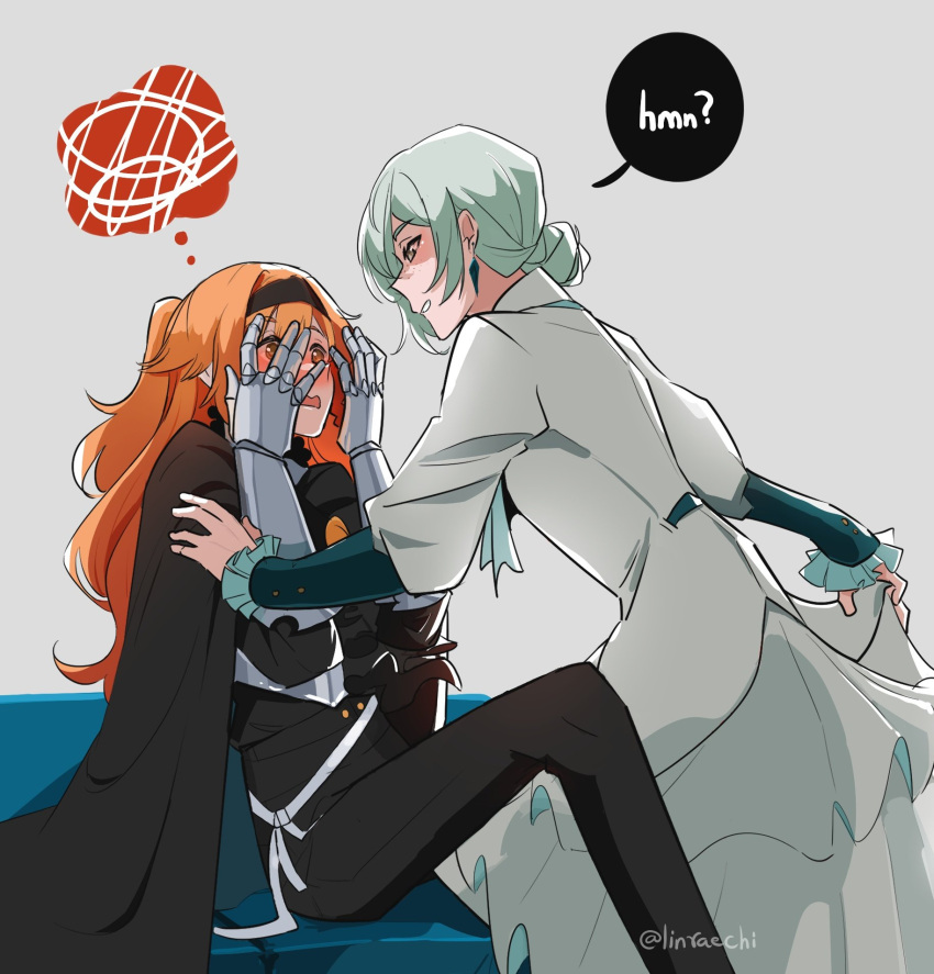 2girls, black_cape, black_hairband, black_pants, blush, brown_eyes, cape, commentary
