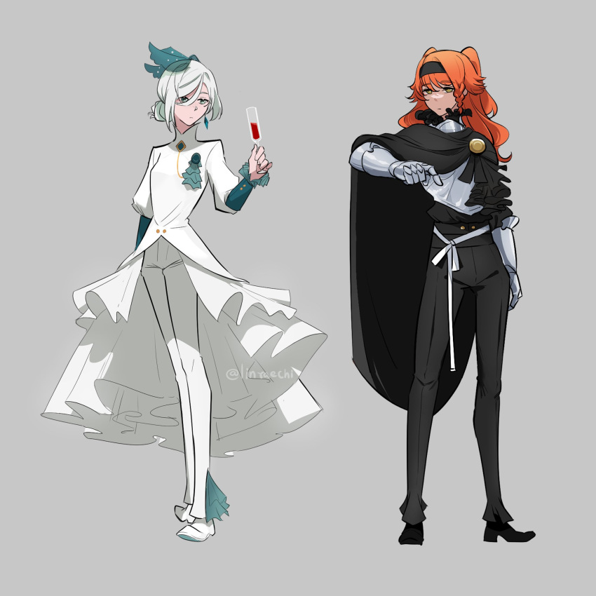 2girls, armor, black_cape, black_hairband, black_headwear, black_pants, braid, breastplate