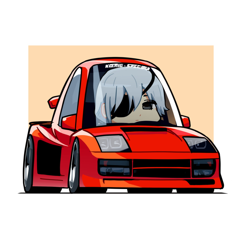 1girl, absurdres, black_eyes, border, brown_background, car, chainsaw_man, chibi