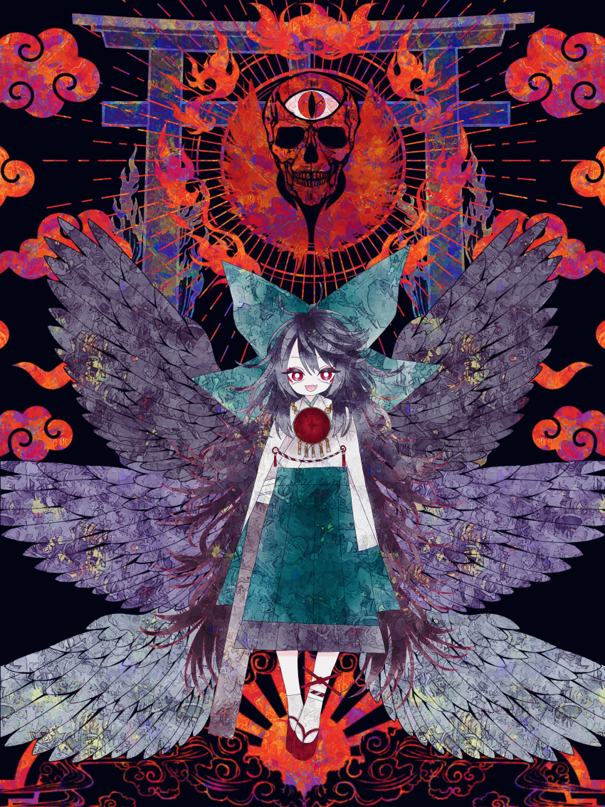1girl, absurdres, adapted_costume, arm_cannon, bird_wings, black_background, black_hair, black_wings