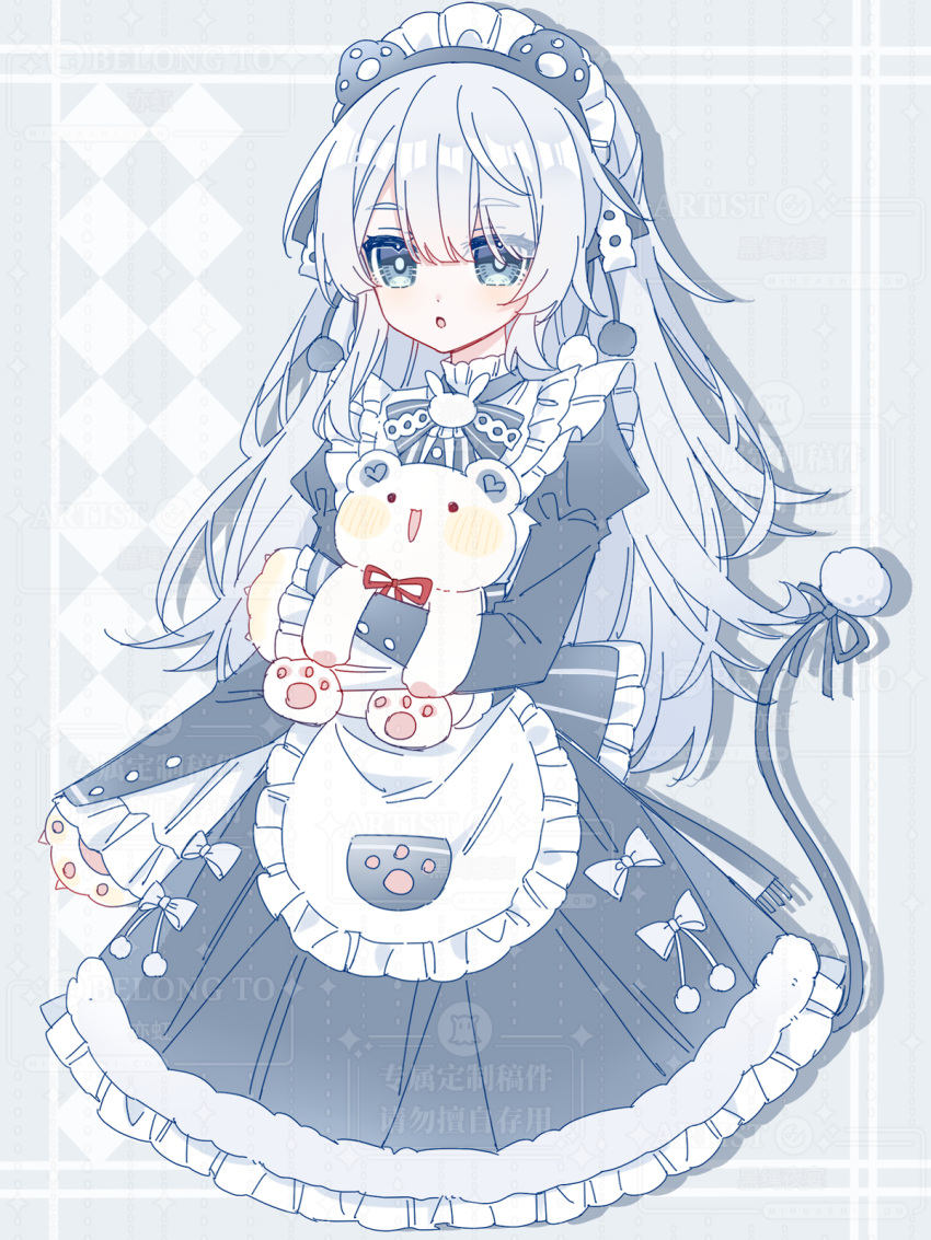 1girl, :o, animal, animal_ear_hairband, animal_ears, animal_hands, apron, argyle_background, back_bow, bad_bcy_id, bad_id, bear, bear_ears, blue_background, blue_bow, blue_bowtie, blue_eyes, blue_hairband, blue_ribbon, blue_sleeves, blunt_bangs, bow, bowtie, claws, collar, collared_dress, colored_eyelashes, cropped_legs, dress, dress_bow, eyes_visible_through_hair, fake_animal_ears, fake_tail, frilled_apron, frilled_bow, frilled_collar, frilled_dress, frills, fringe_trim, gloves, hairband, hei_sheng_yeyan, highres, holding, holding_animal, juliet_sleeves, lace-trimmed_bowtie, light_blush, long_hair, long_sleeves, looking_at_viewer, maid, maid_headdress, neck_ribbon, open_mouth, original, paw_gloves, paw_print, paw_print_background, pocket, pom_pom_(clothes), puffy_sleeves, rabbit_brooch, red_ribbon, ribbon, sample_watermark, shadow, solo, striped_bow, tail, tail_ornament, tail_ribbon, very_long_hair, watermark, white_apron, white_bow, white_collar, white_gloves, white_hair