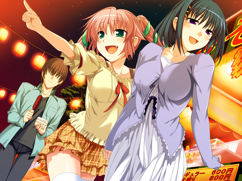 bare_shoulders, bosshi, fang, game_cg, green_eyes, hinohoshi_ataru, multiple_girls, natsusaka_haruru, natsusaka_mifuyu, otouto_wo_aishiteyamanai_ane_aruiha_oniichan_ga_daisukikko_na_imouto_tono_taboo_na_kankei, pink_hair, pointing, purple_eyes, skirt, thigh-highs, thighhighs, twintails, violet_eyes