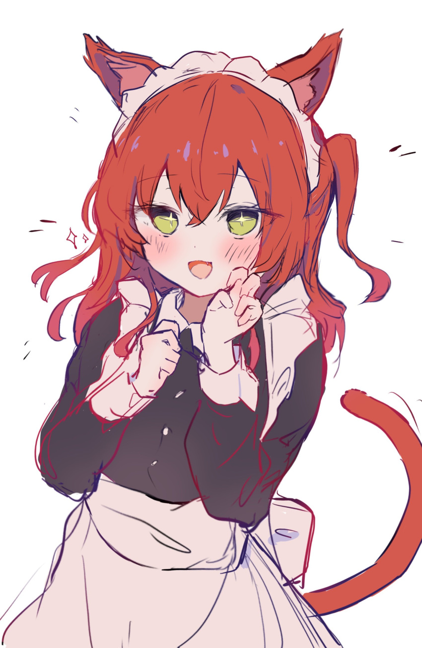 1girl, absurdres, air_quotes, animal_ears, apron, black_dress, blush, bocchi_the_rock!, cat_ears, cat_girl, cat_tail, cowboy_shot, dress, green_eyes, hands_up, highres, kemonomimi_mode, kemu1209, kita_ikuyo, long_hair, long_sleeves, looking_at_viewer, maid_apron, maid_headdress, one_side_up, open_mouth, redhead, simple_background, smile, solo, sparkling_eyes, tail, white_apron, white_background, white_headdress