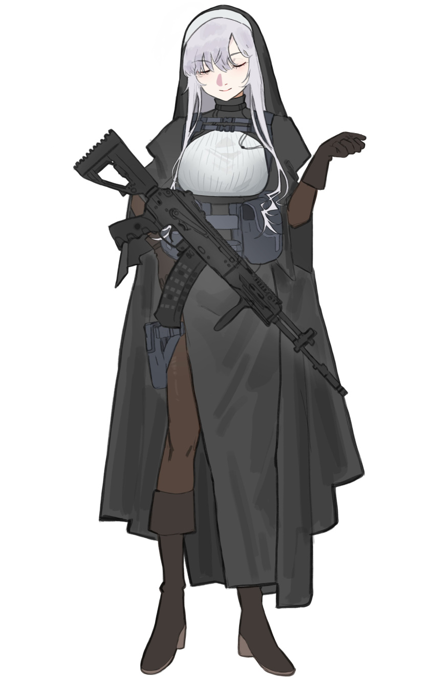 1girl, absurdres, ak-12, ak-12_(girls'_frontline), assault_rifle, belt_pouch, black_footwear, black_gloves