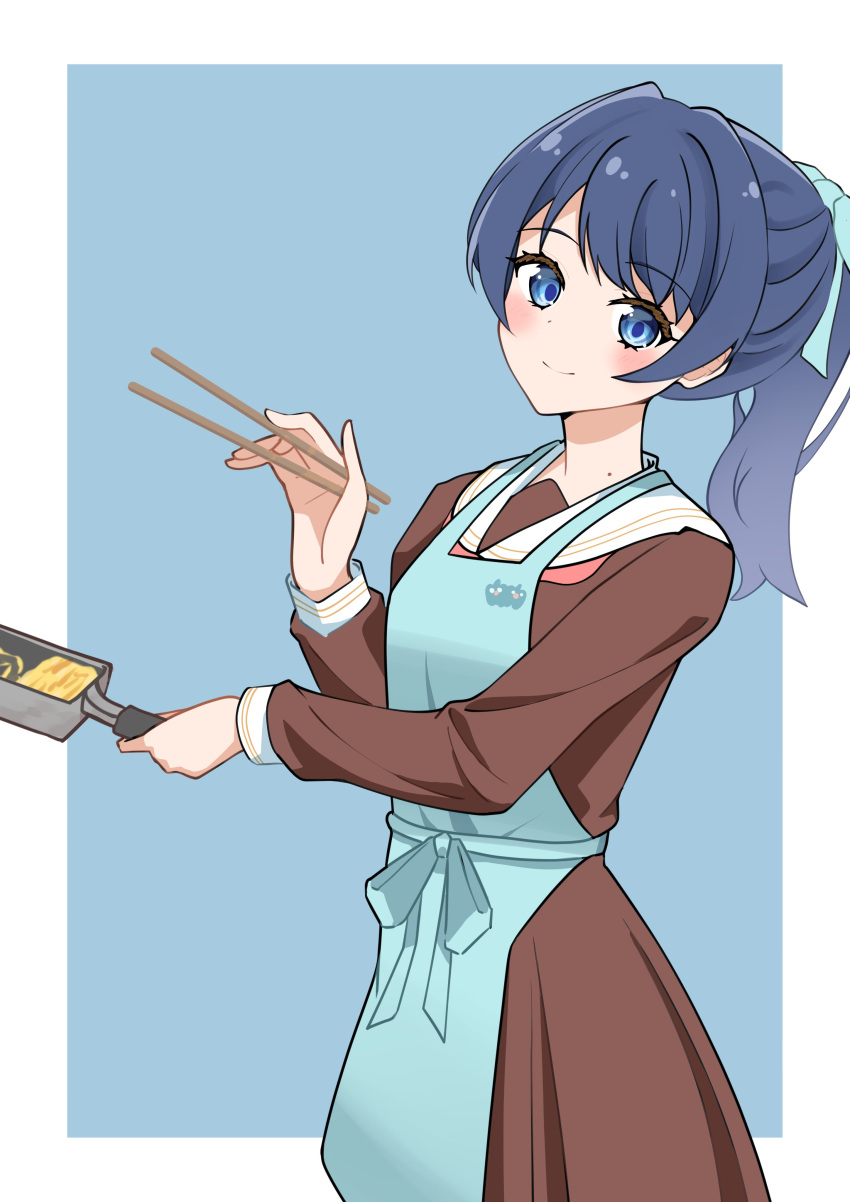 1girl, absurdres, aqua_apron, aqua_ribbon, blue_eyes, blue_hair, blush, chopsticks