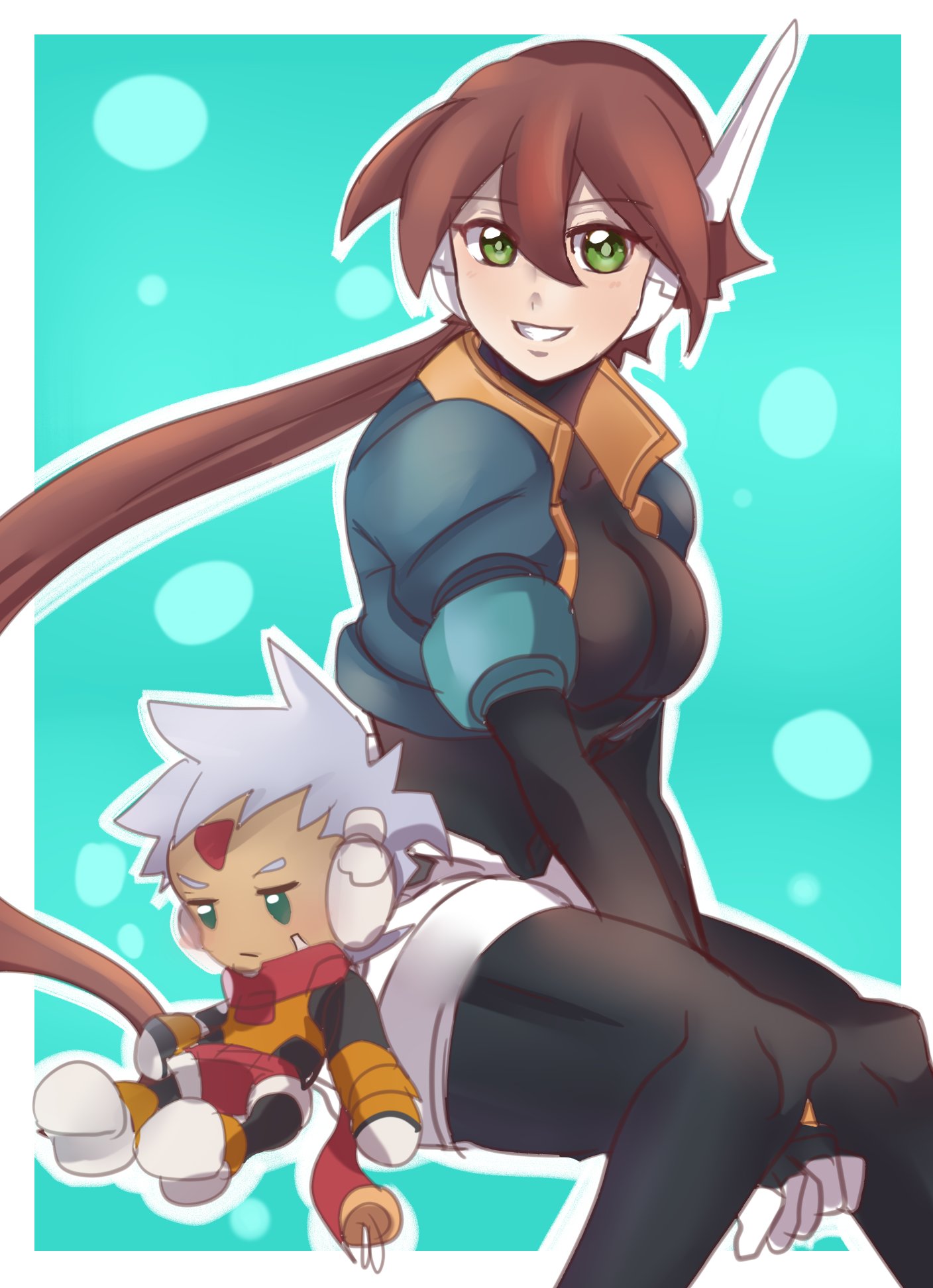 1girl, aile_(mega_man_zx), black_bodysuit, blue_jacket, bodysuit, bodysuit_under_clothes, breasts, brown_hair