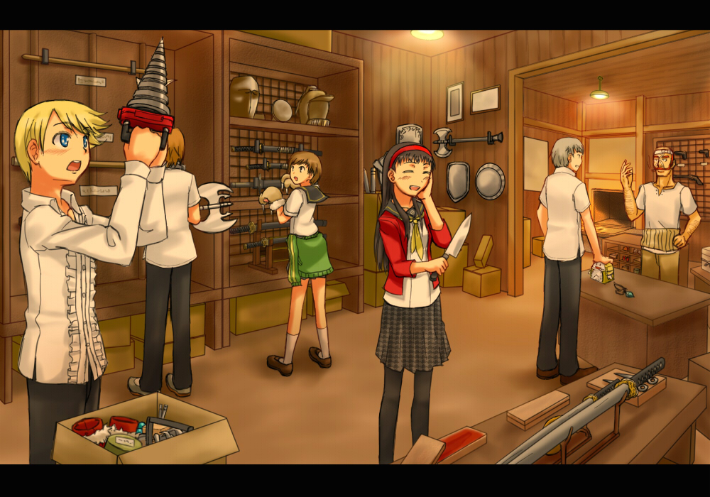 axe, black_hair, brown_eyes, brown_hair, grey_hair, hanamura_yousuke, king_frost, knife