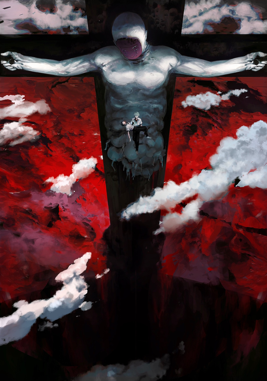 1other, 2boys, absurdres, black_pants, clouds, cloudy_sky, grey_hair, highres