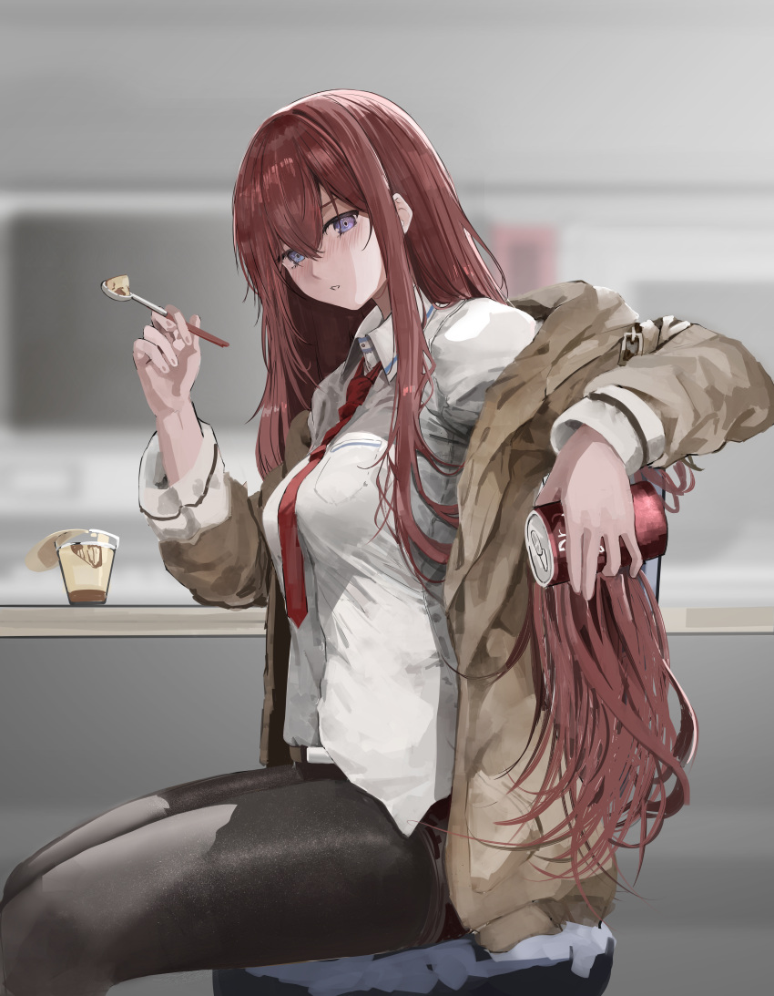 1girl, absurdres, black_pantyhose, breasts, brown_jacket, can, collared_shirt, dr_pepper, food, hair_between_eyes, highres, holding, holding_can, holding_spoon, indoors, jacket, jdep, long_hair, long_sleeves, looking_at_viewer, makise_kurisu, medium_breasts, necktie, pantyhose, parted_lips, pudding, red_necktie, redhead, shirt, sidelocks, sitting, solo, spoon, steins;gate, uniform, violet_eyes, white_shirt