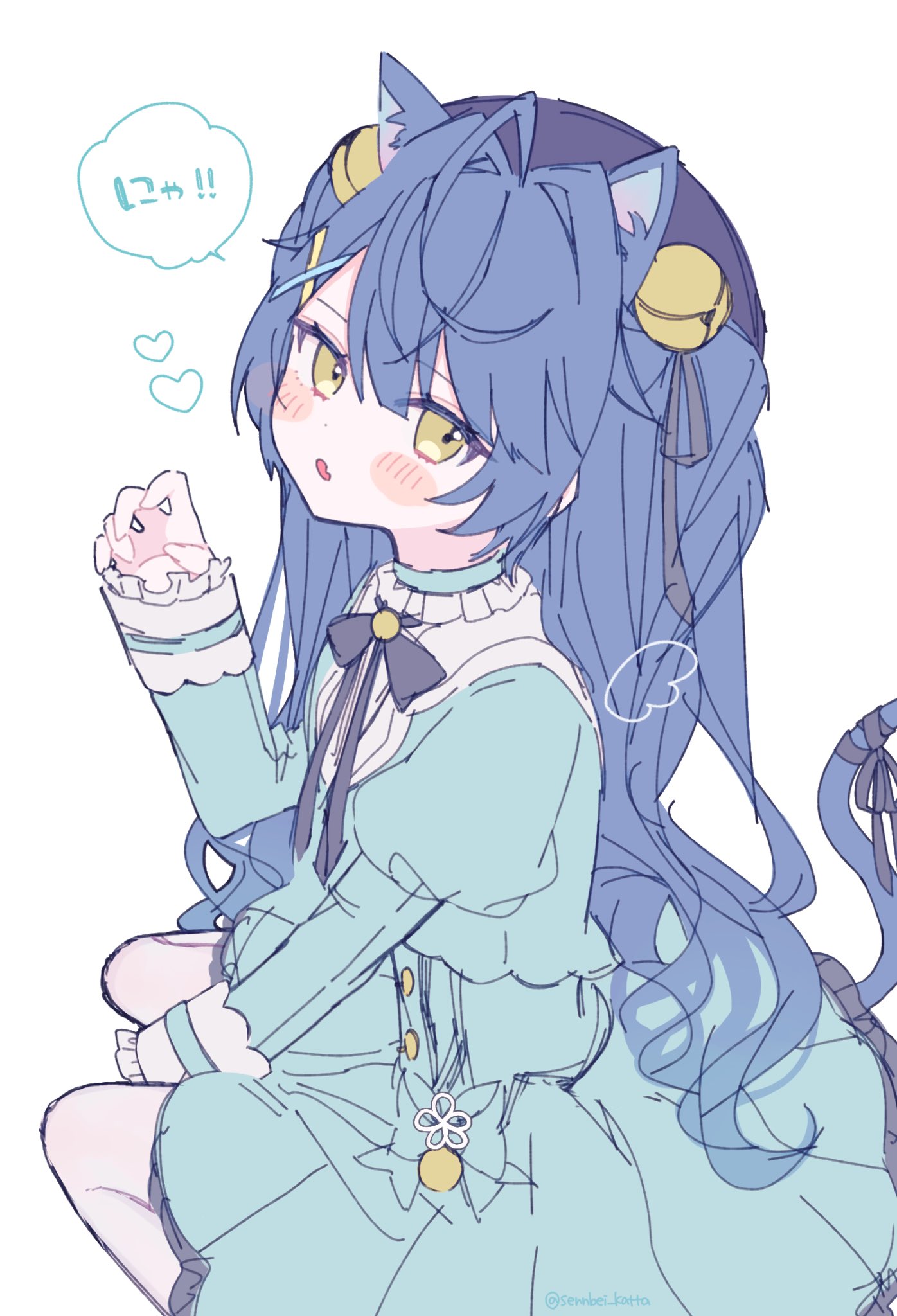 1girl, amamiya_kokoro, animal_ears, bell, black_ribbon, blue_hair, blue_headwear, blush
