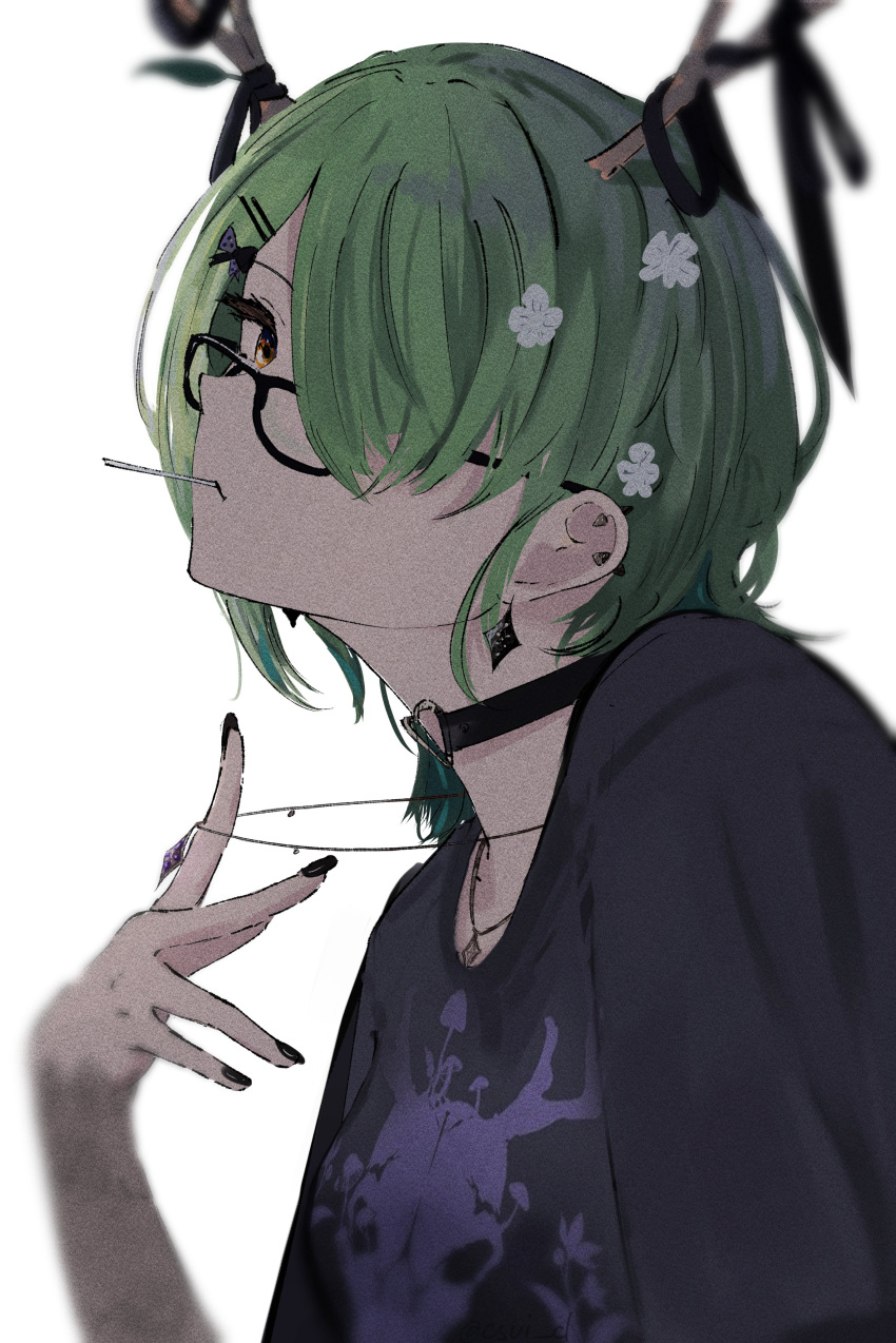 1girl, absurdres, antler_ribbon, antlers, black_bow, black_choker, black_ribbon, black_shirt, bow, branch, candy, ceres_fauna, ceres_fauna_(4th_costume), choker, csui_d, earrings, expressionless, flower, food, glass, goth_fashion, gradient_hair, green_hair, hair_bow, hair_flower, hair_ornament, hair_over_one_eye, hairclip, heart, heart_choker, heart_o-ring, heart_ring_choker, highres, hololive, hololive_english, horns, jewelry, lollipop, looking_at_viewer, multicolored_hair, necklace, o-ring, o-ring_choker, official_alternate_costume, ribbon, shirt, short_hair, short_sleeves, simple_background, solo, spiked_ear_piercing, tree_horns, virtual_youtuber, white_background, yellow_eyes