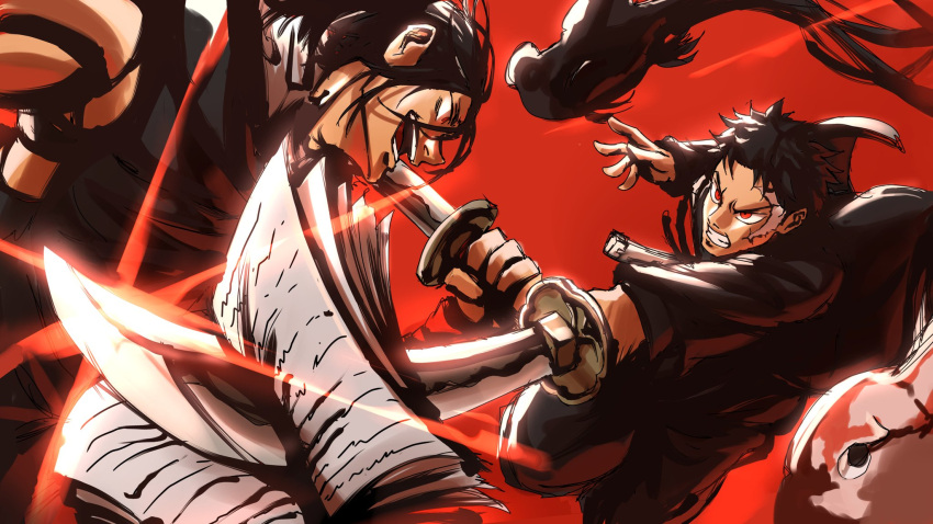 2boys, angry, battle, black_hair, black_jacket, crazy_smile, duel, fighting