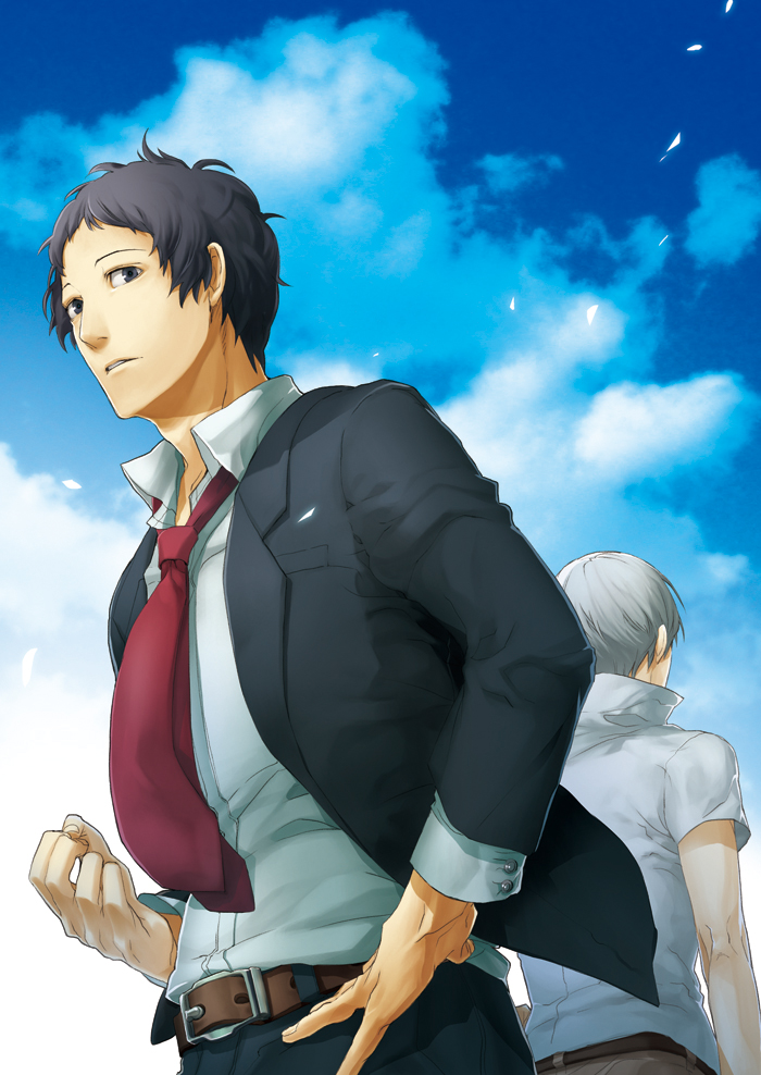 adachi_tohru, black_hair, grey_hair, hg, male, narukami_yuu, necktie, persona