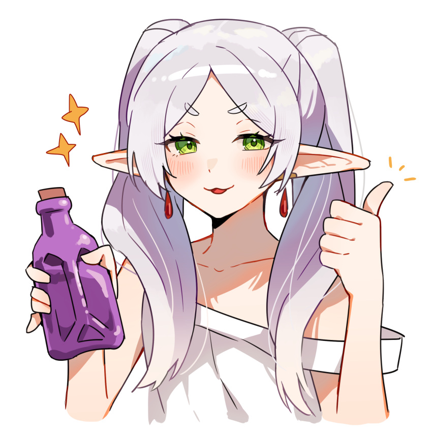 :3, bare_arms, blush, bottle, collarbone, cropped_torso, dress, drop_earrings, earrings, elf, enipa_28, flat_chest, frieren, green_eyes, highres, holding, holding_bottle, jewelry, long_hair, looking_at_viewer, meme, notice_lines, parted_lips, pointy_ears, potion, sidelocks, simple_background, sousou_no_frieren, sparkle, strap_slip, thumbs_up, upper_body, white_background, white_dress, white_hair, you_can_just_give_this_kind_of_thing_to_men_and_they_will_be_thrilled_(meme)