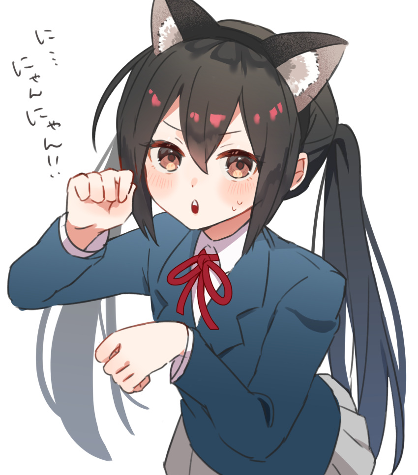 1girl, :o, animal_ear_fluff, animal_ear_hairband, animal_ears, black_hair, blue_shirt, blush