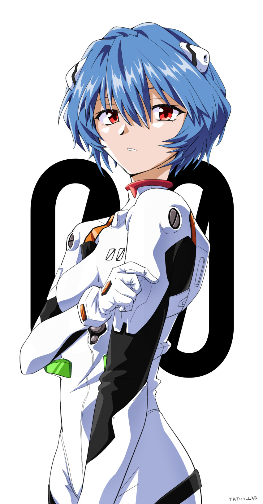 1990s_(style), 1girl, absurdres, arm_at_side, artist_name, ayanami_rei, blue_hair, cowboy_shot