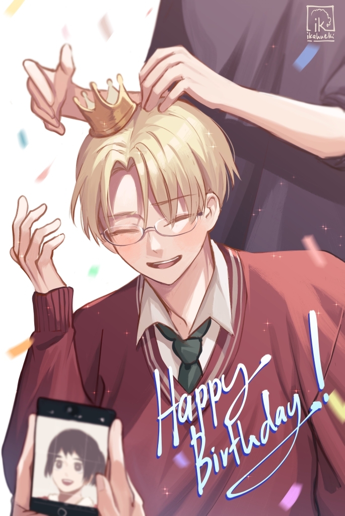 1girl, 2boys, black_hair, black_shirt, blonde_hair, celebration, cellphone, choujin_x