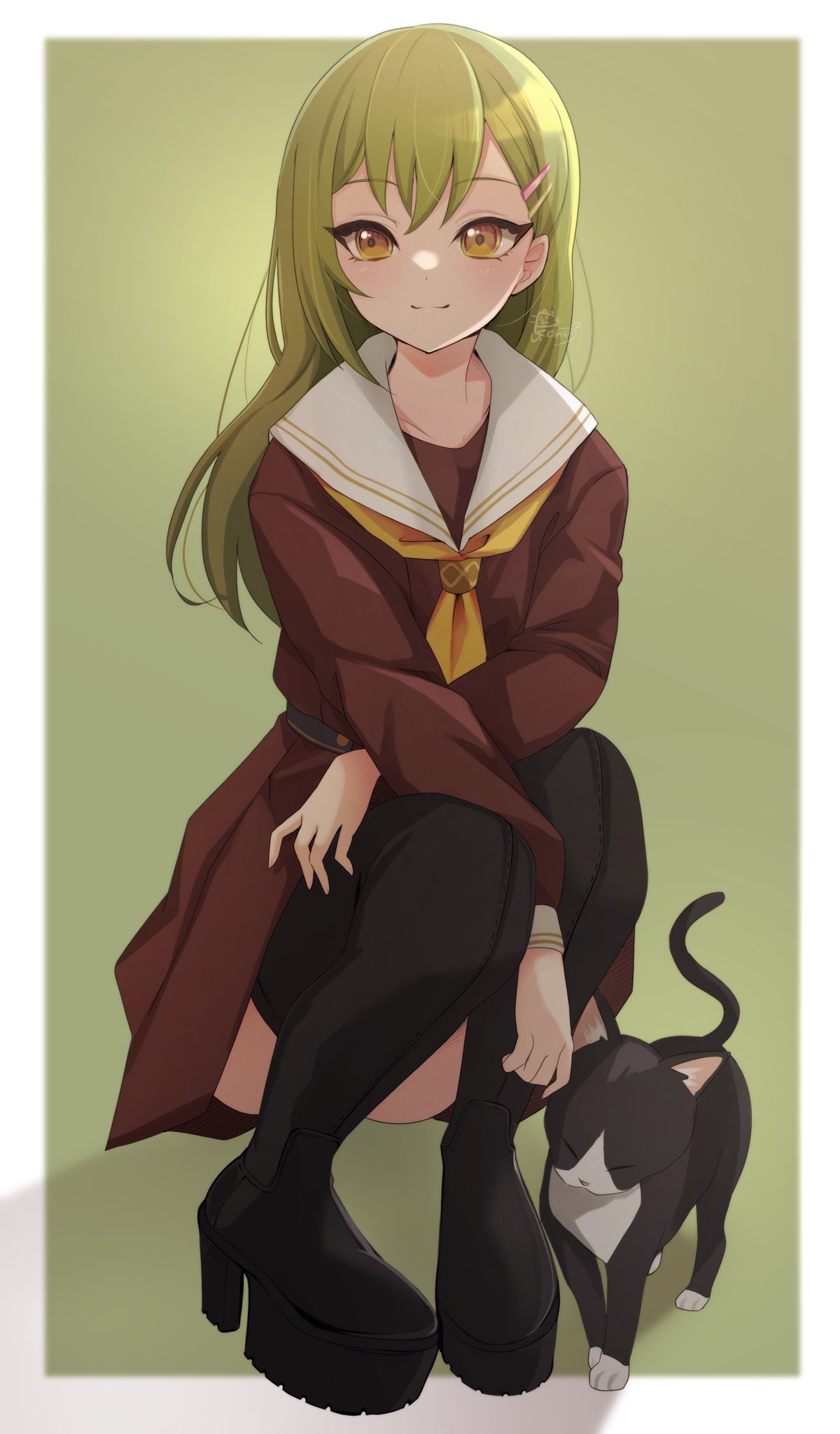 1girl, black_footwear, black_thighhighs, border, brown_dress, brown_eyes, cat, closed_mouth