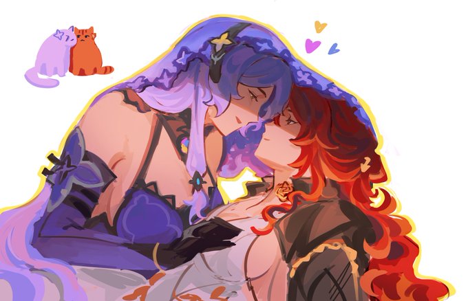 2girls, black_swan_(honkai:_star_rail), cat, face-to-face, hand_on_another's_chest, heart, himeko_(honkai:_star_rail), honkai:_star_rail