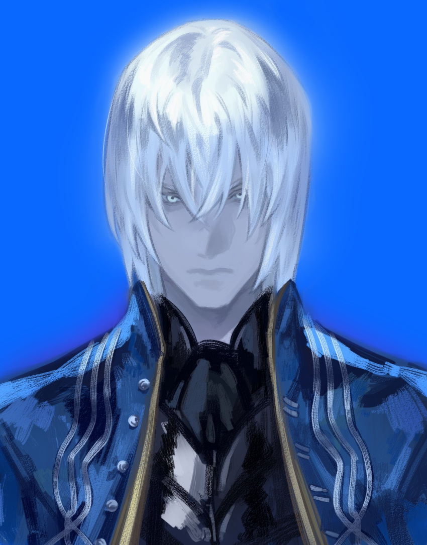 1boy, blue_coat, blue_eyes, closed_mouth, coat, devil_may_cry_(series), devil_may_cry_3, hair_between_eyes, hair_down, higan1113557, highres, male_focus, pale_skin, solo, vergil_(devil_may_cry), white_hair